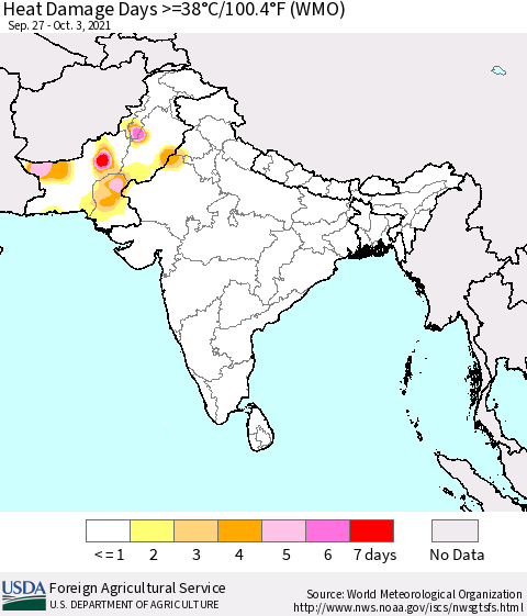 Southern Asia Heat Damage Days >=38°C/100.4°F (WMO) Thematic Map For 9/27/2021 - 10/3/2021