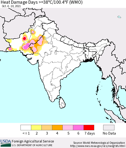 Southern Asia Heat Damage Days >=38°C/100°F (WMO) Thematic Map For 10/4/2021 - 10/10/2021