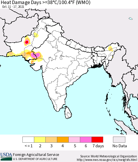 Southern Asia Heat Damage Days >=38°C/100°F (WMO) Thematic Map For 10/11/2021 - 10/17/2021