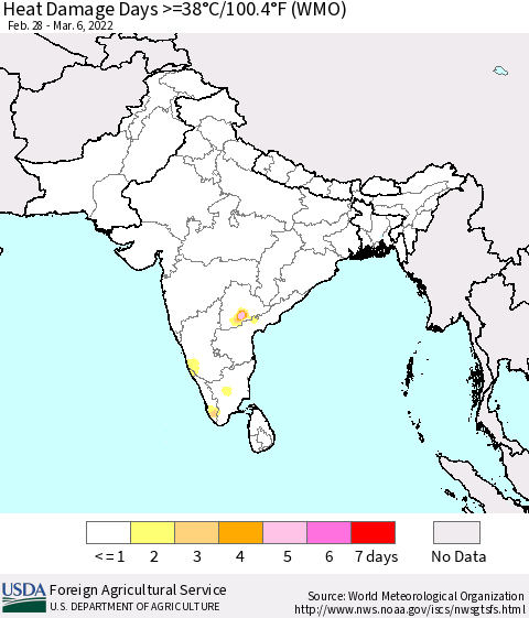 Southern Asia Heat Damage Days >=38°C/100°F (WMO) Thematic Map For 2/28/2022 - 3/6/2022
