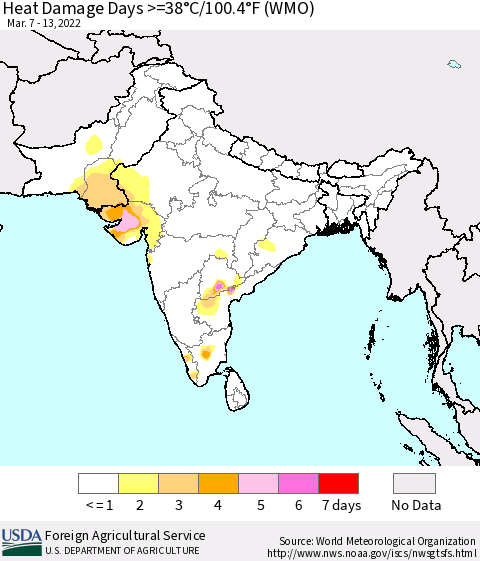 Southern Asia Heat Damage Days >=38°C/100°F (WMO) Thematic Map For 3/7/2022 - 3/13/2022