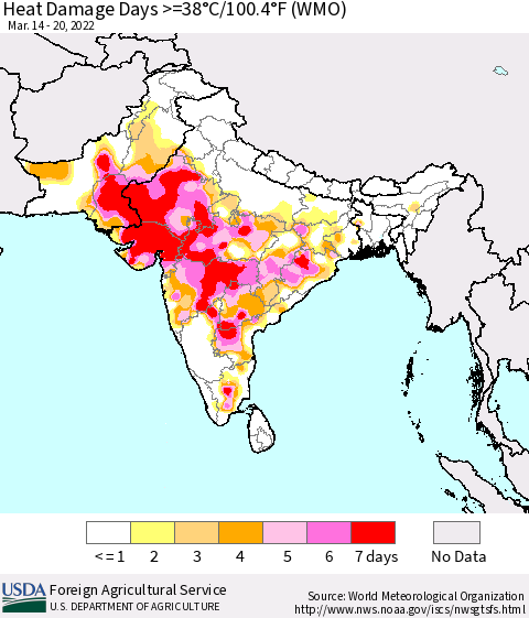 Southern Asia Heat Damage Days >=38°C/100°F (WMO) Thematic Map For 3/14/2022 - 3/20/2022