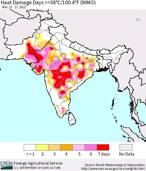 Southern Asia Heat Damage Days >=38°C/100°F (WMO) Thematic Map For 3/21/2022 - 3/27/2022