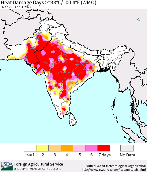 Southern Asia Heat Damage Days >=38°C/100°F (WMO) Thematic Map For 3/28/2022 - 4/3/2022