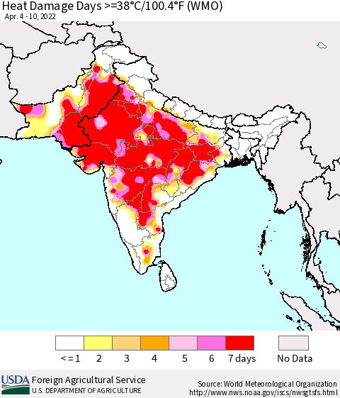Southern Asia Heat Damage Days >=38°C/100°F (WMO) Thematic Map For 4/4/2022 - 4/10/2022