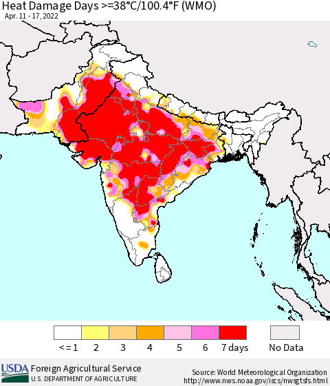 Southern Asia Heat Damage Days >=38°C/100°F (WMO) Thematic Map For 4/11/2022 - 4/17/2022