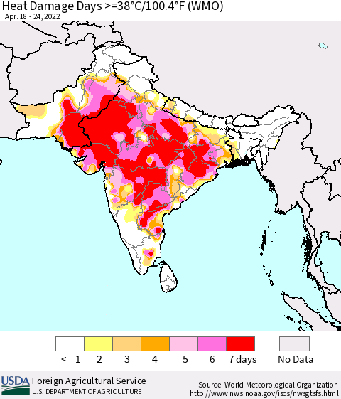 Southern Asia Heat Damage Days >=38°C/100°F (WMO) Thematic Map For 4/18/2022 - 4/24/2022