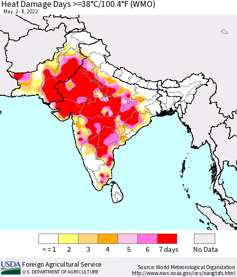Southern Asia Heat Damage Days >=38°C/100.4°F (WMO) Thematic Map For 5/2/2022 - 5/8/2022