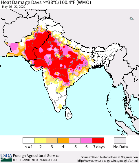 Southern Asia Heat Damage Days >=38°C/100°F (WMO) Thematic Map For 5/16/2022 - 5/22/2022
