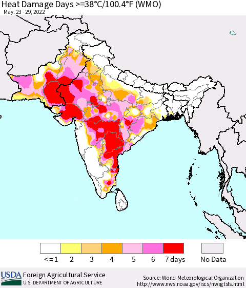 Southern Asia Heat Damage Days >=38°C/100.4°F (WMO) Thematic Map For 5/23/2022 - 5/29/2022
