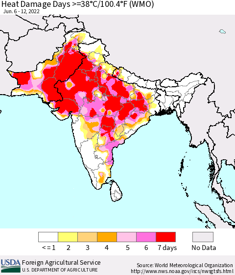 Southern Asia Heat Damage Days >=38°C/100°F (WMO) Thematic Map For 6/6/2022 - 6/12/2022