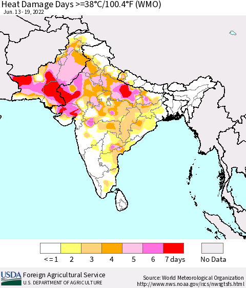 Southern Asia Heat Damage Days >=38°C/100.4°F (WMO) Thematic Map For 6/13/2022 - 6/19/2022