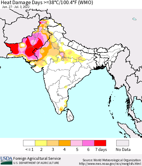 Southern Asia Heat Damage Days >=38°C/100°F (WMO) Thematic Map For 6/27/2022 - 7/3/2022