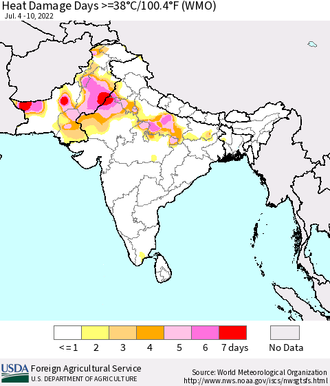 Southern Asia Heat Damage Days >=38°C/100.4°F (WMO) Thematic Map For 7/4/2022 - 7/10/2022