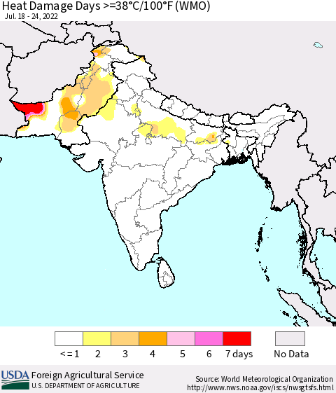 Southern Asia Heat Damage Days >=38°C/100°F (WMO) Thematic Map For 7/18/2022 - 7/24/2022