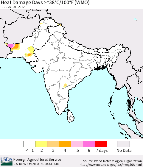Southern Asia Heat Damage Days >=38°C/100°F (WMO) Thematic Map For 7/25/2022 - 7/31/2022