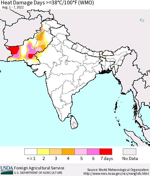 Southern Asia Heat Damage Days >=38°C/100°F (WMO) Thematic Map For 8/1/2022 - 8/7/2022