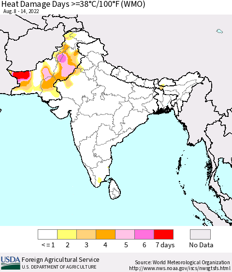 Southern Asia Heat Damage Days >=38°C/100°F (WMO) Thematic Map For 8/8/2022 - 8/14/2022
