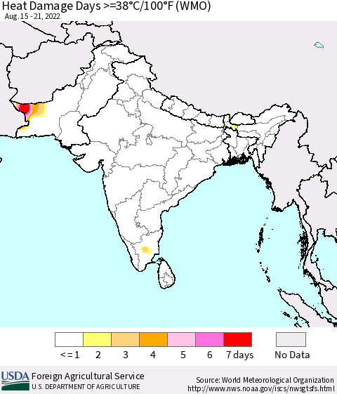 Southern Asia Heat Damage Days >=38°C/100°F (WMO) Thematic Map For 8/15/2022 - 8/21/2022