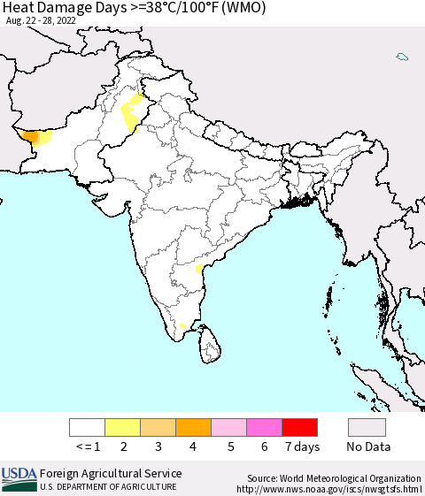 Southern Asia Heat Damage Days >=38°C/100°F (WMO) Thematic Map For 8/22/2022 - 8/28/2022