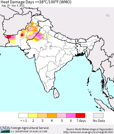 Southern Asia Heat Damage Days >=38°C/100°F (WMO) Thematic Map For 8/29/2022 - 9/4/2022