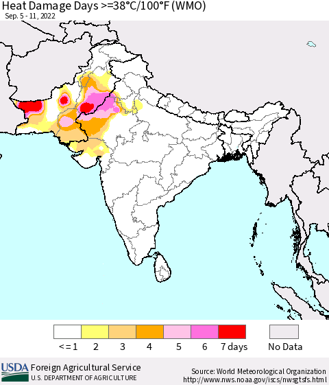 Southern Asia Heat Damage Days >=38°C/100°F (WMO) Thematic Map For 9/5/2022 - 9/11/2022