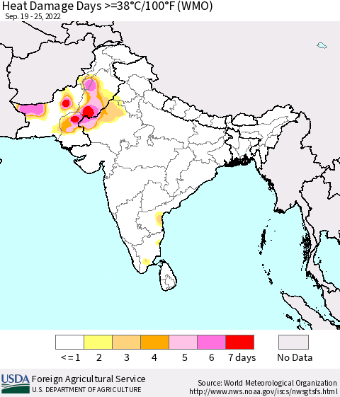 Southern Asia Heat Damage Days >=38°C/100°F (WMO) Thematic Map For 9/19/2022 - 9/25/2022