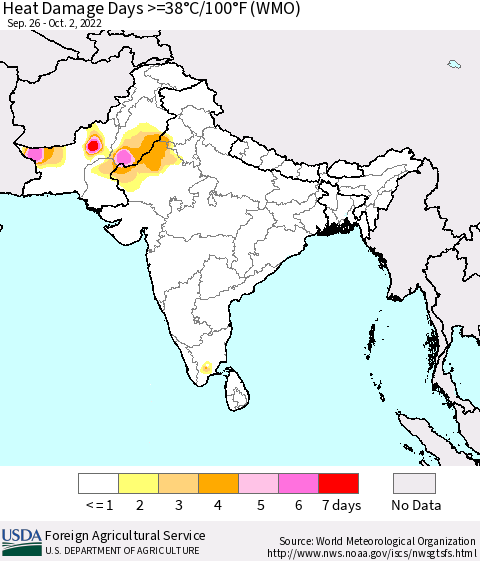 Southern Asia Heat Damage Days >=38°C/100°F (WMO) Thematic Map For 9/26/2022 - 10/2/2022