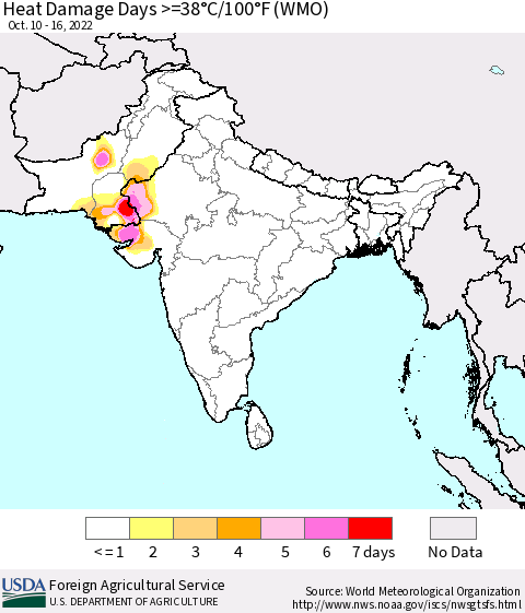 Southern Asia Heat Damage Days >=38°C/100°F (WMO) Thematic Map For 10/10/2022 - 10/16/2022