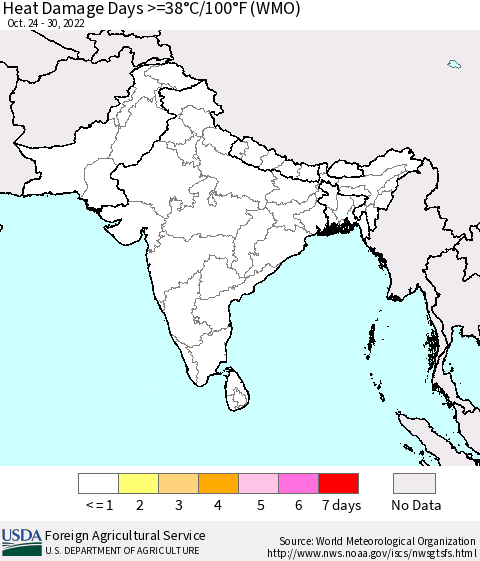 Southern Asia Heat Damage Days >=38°C/100°F (WMO) Thematic Map For 10/24/2022 - 10/30/2022