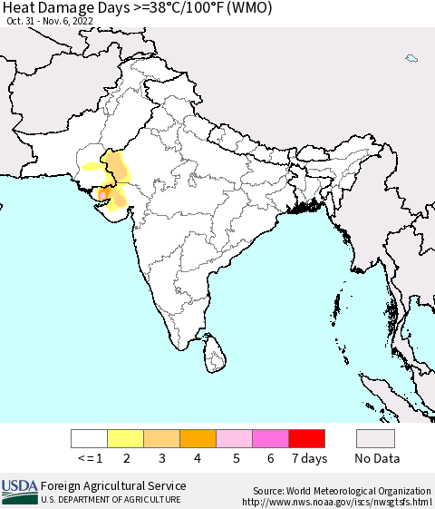 Southern Asia Heat Damage Days >=38°C/100°F (WMO) Thematic Map For 10/31/2022 - 11/6/2022