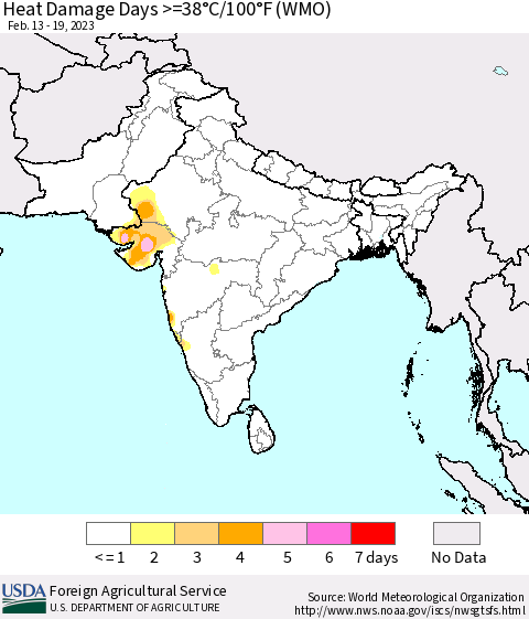 Southern Asia Heat Damage Days >=38°C/100°F (WMO) Thematic Map For 2/13/2023 - 2/19/2023