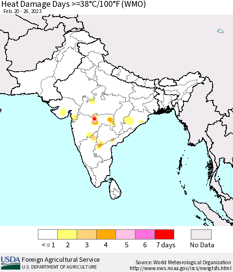 Southern Asia Heat Damage Days >=38°C/100°F (WMO) Thematic Map For 2/20/2023 - 2/26/2023