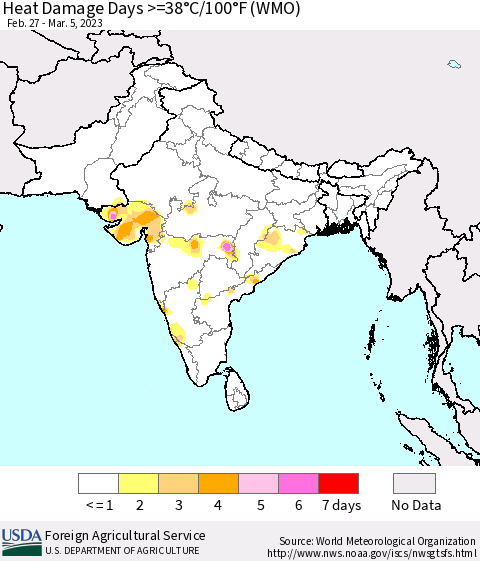 Southern Asia Heat Damage Days >=38°C/100°F (WMO) Thematic Map For 2/27/2023 - 3/5/2023