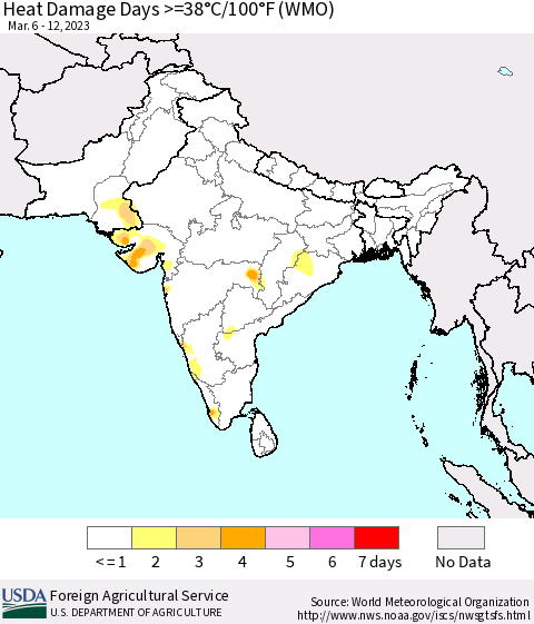Southern Asia Heat Damage Days >=38°C/100°F (WMO) Thematic Map For 3/6/2023 - 3/12/2023