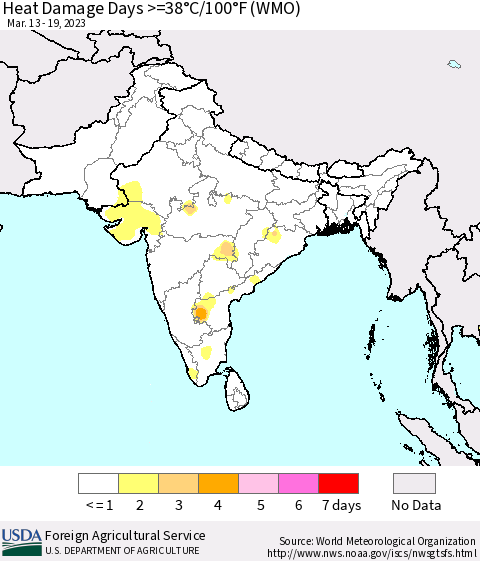 Southern Asia Heat Damage Days >=38°C/100°F (WMO) Thematic Map For 3/13/2023 - 3/19/2023