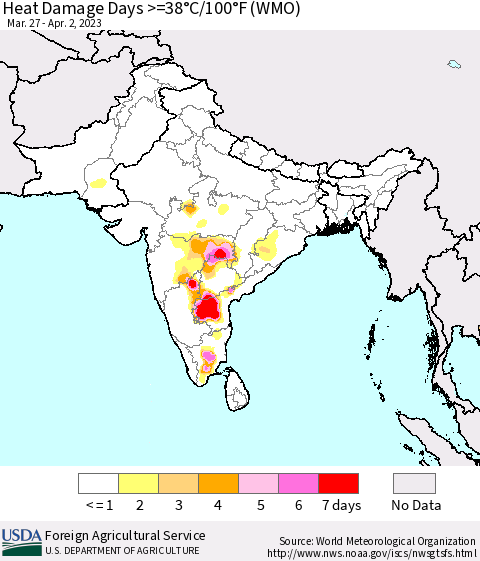 Southern Asia Heat Damage Days >=38°C/100°F (WMO) Thematic Map For 3/27/2023 - 4/2/2023