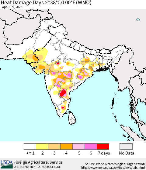 Southern Asia Heat Damage Days >=38°C/100°F (WMO) Thematic Map For 4/3/2023 - 4/9/2023
