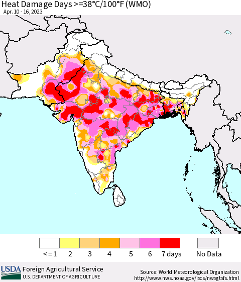Southern Asia Heat Damage Days >=38°C/100°F (WMO) Thematic Map For 4/10/2023 - 4/16/2023