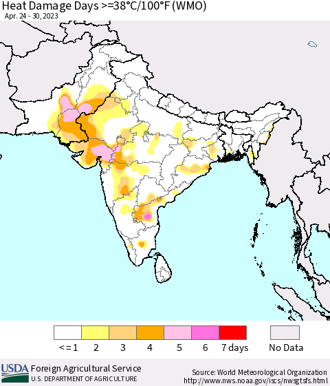 Southern Asia Heat Damage Days >=38°C/100°F (WMO) Thematic Map For 4/24/2023 - 4/30/2023