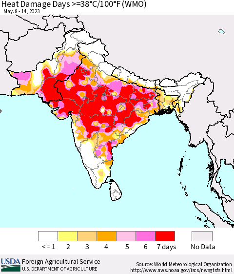 Southern Asia Heat Damage Days >=38°C/100°F (WMO) Thematic Map For 5/8/2023 - 5/14/2023