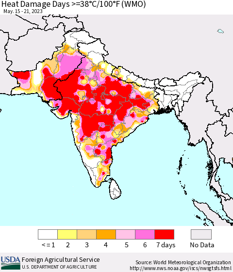 Southern Asia Heat Damage Days >=38°C/100°F (WMO) Thematic Map For 5/15/2023 - 5/21/2023