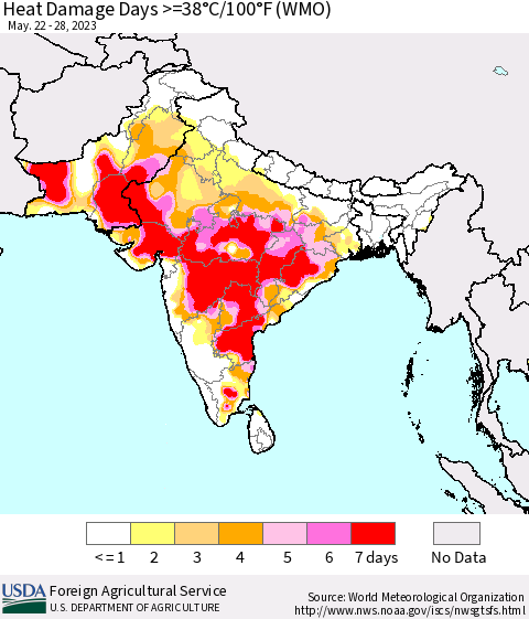 Southern Asia Heat Damage Days >=38°C/100°F (WMO) Thematic Map For 5/22/2023 - 5/28/2023
