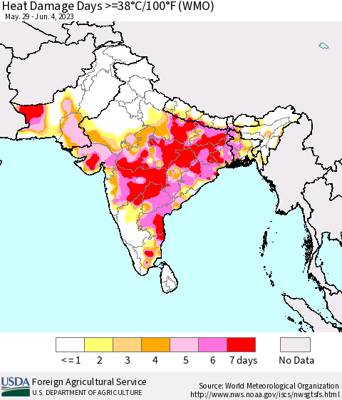 Southern Asia Heat Damage Days >=38°C/100°F (WMO) Thematic Map For 5/29/2023 - 6/4/2023