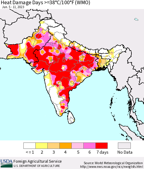 Southern Asia Heat Damage Days >=38°C/100°F (WMO) Thematic Map For 6/5/2023 - 6/11/2023