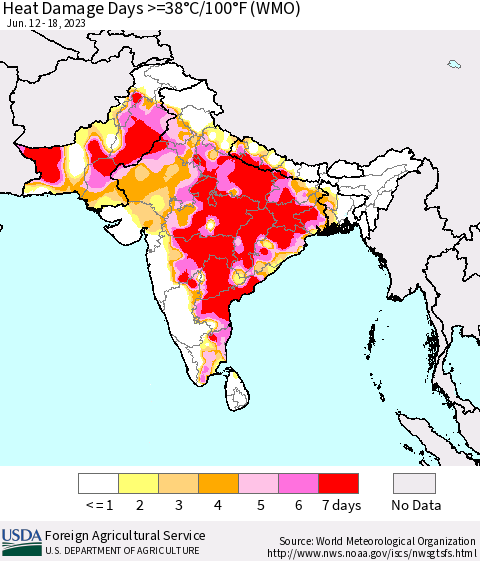 Southern Asia Heat Damage Days >=38°C/100°F (WMO) Thematic Map For 6/12/2023 - 6/18/2023