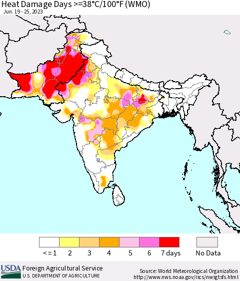 Southern Asia Heat Damage Days >=38°C/100°F (WMO) Thematic Map For 6/19/2023 - 6/25/2023