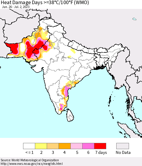 Southern Asia Heat Damage Days >=38°C/100°F (WMO) Thematic Map For 6/26/2023 - 7/2/2023