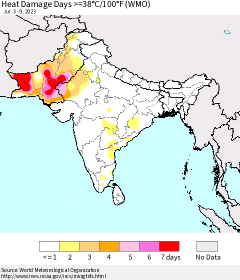 Southern Asia Heat Damage Days >=38°C/100°F (WMO) Thematic Map For 7/3/2023 - 7/9/2023