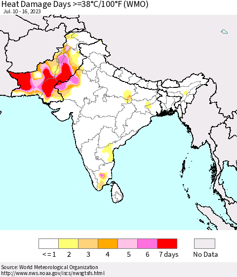 Southern Asia Heat Damage Days >=38°C/100°F (WMO) Thematic Map For 7/10/2023 - 7/16/2023